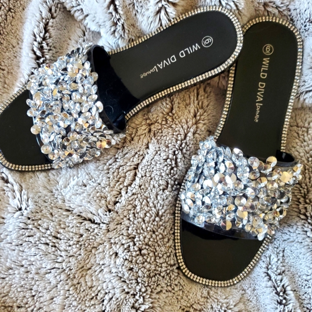 Wild Diva sparkle lounge slides.